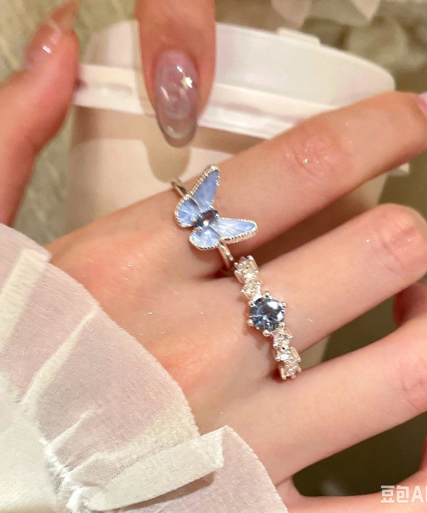 Cute Blue Copper Zircon Butterfly Rings Two-Piece Set