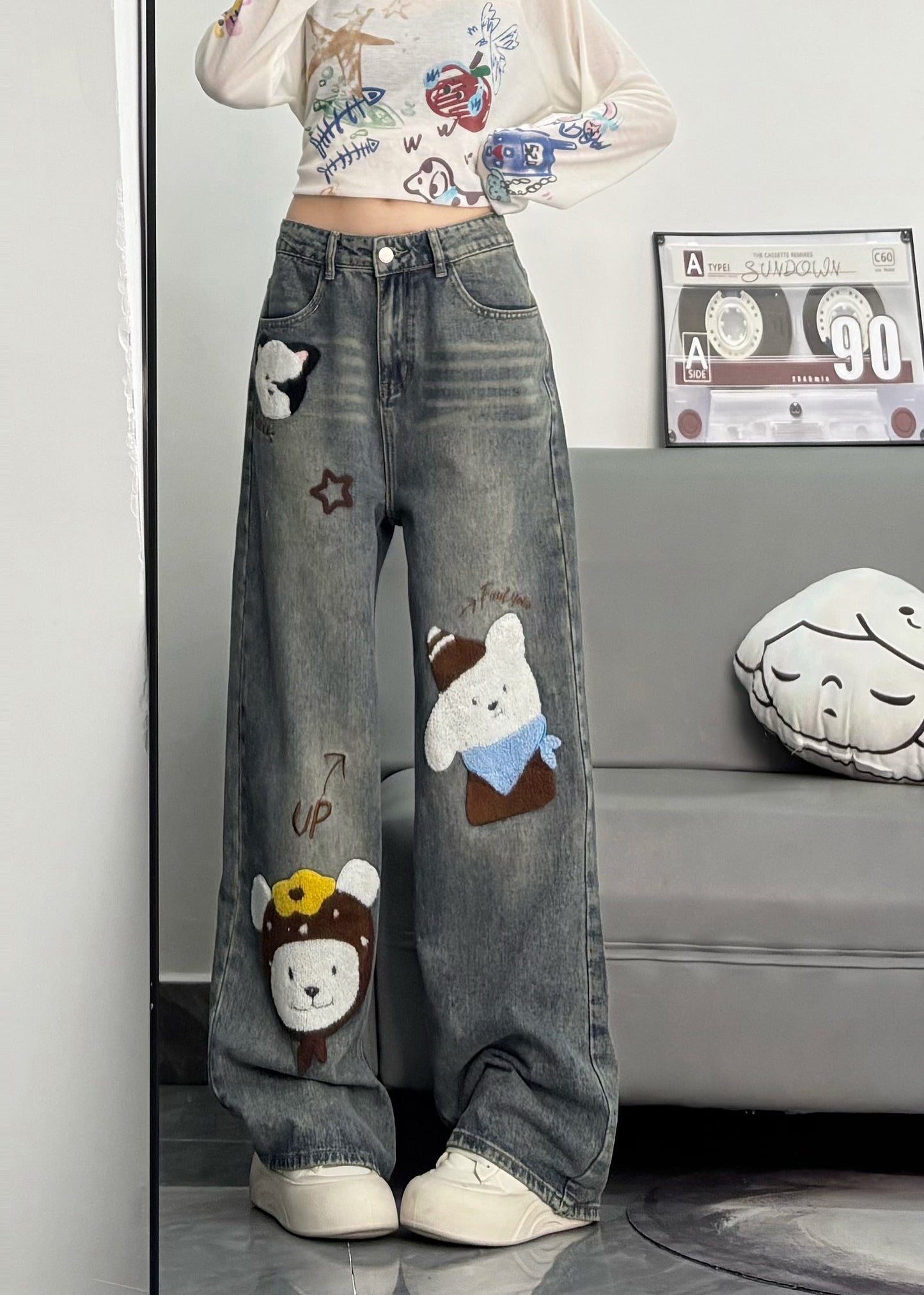 Cute Blue Embroidered Character Denim Pants Spring