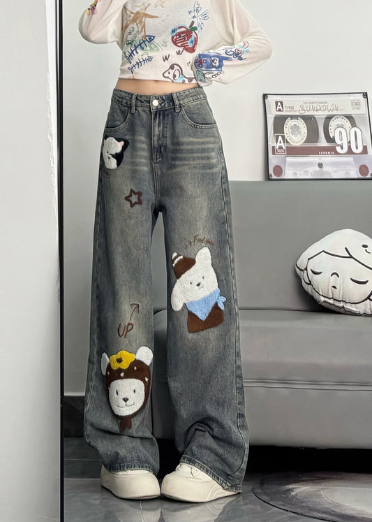 Cute Blue Embroidered Character Denim Pants Spring