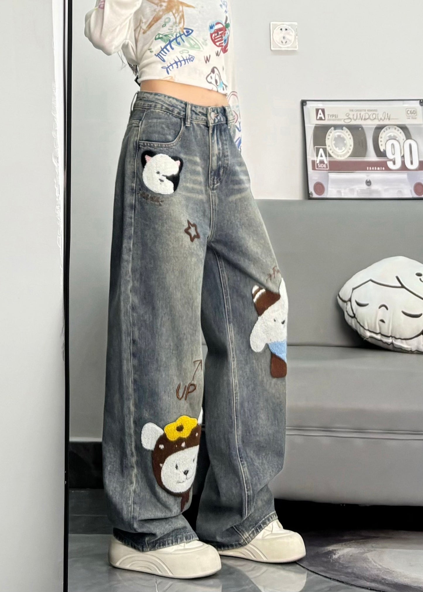 Cute Blue Embroidered Character Denim Pants Spring