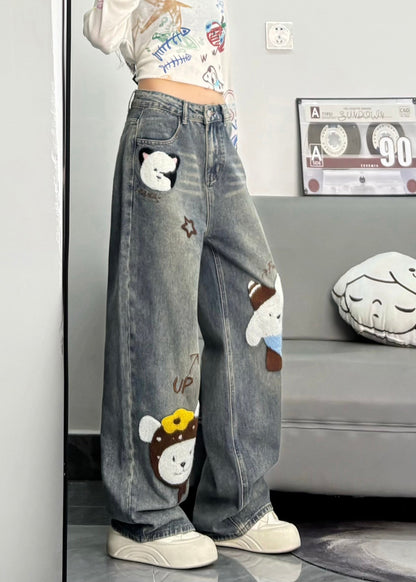 Cute Blue Embroidered Character Denim Pants Spring