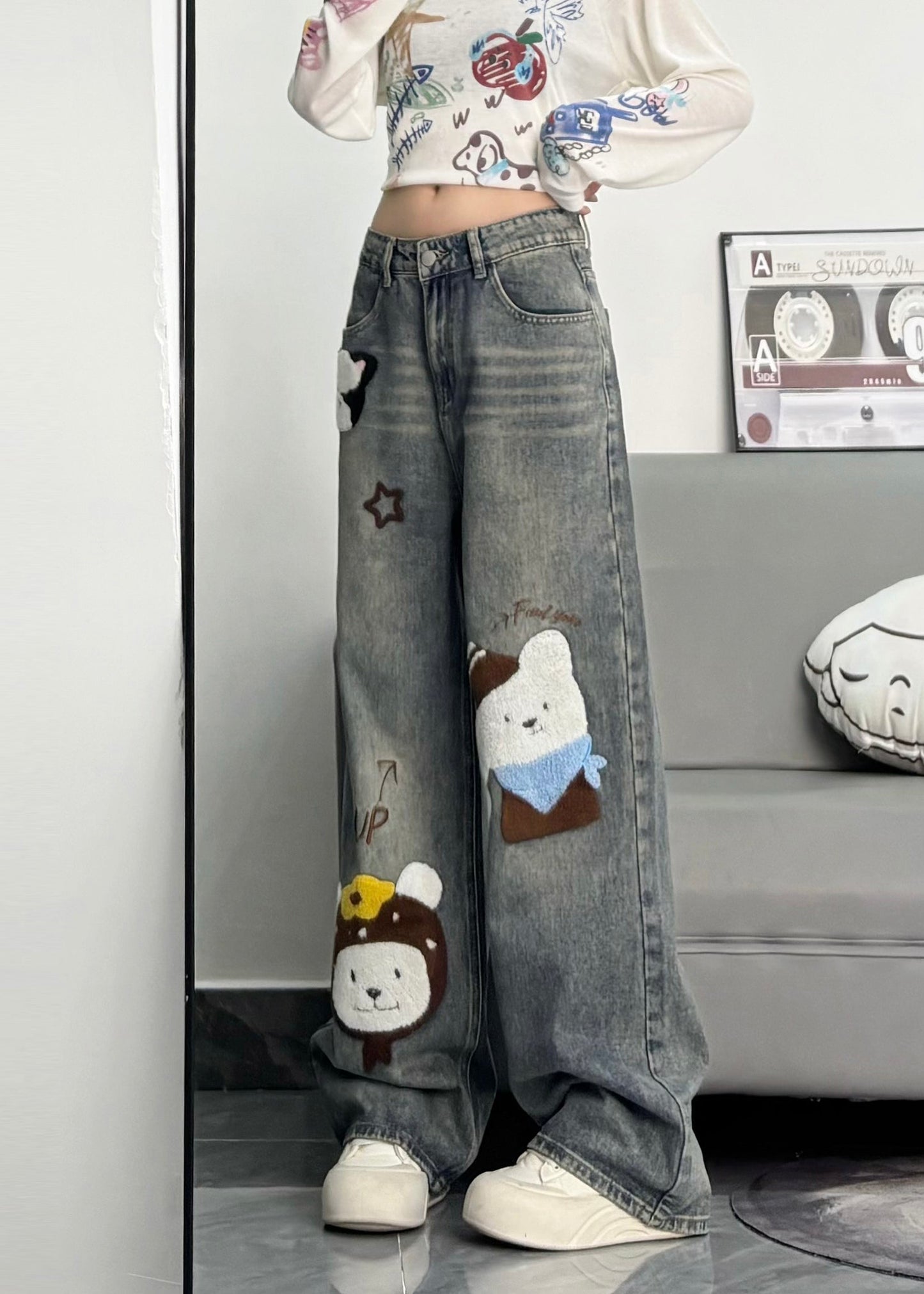 Cute Blue Embroidered Character Denim Pants Spring