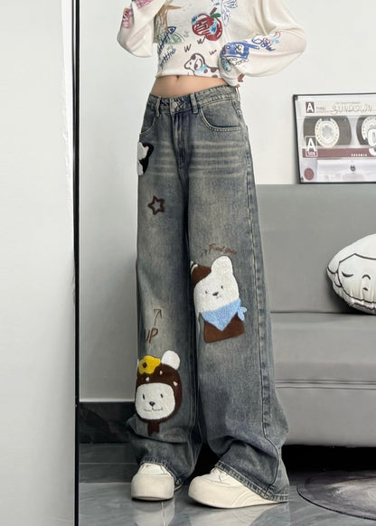 Cute Blue Embroidered Character Denim Pants Spring