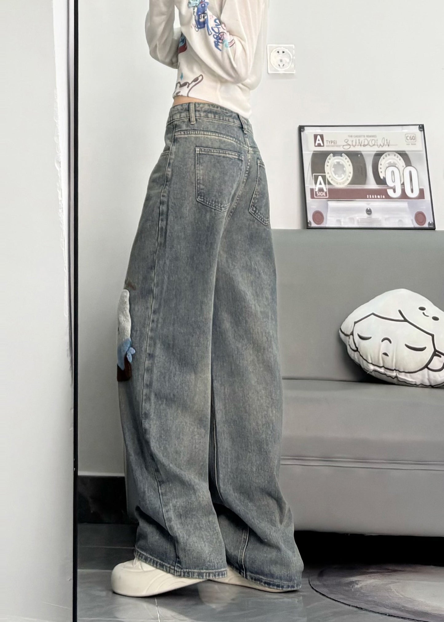 Cute Blue Embroidered Character Denim Pants Spring