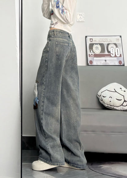 Cute Blue Embroidered Character Denim Pants Spring