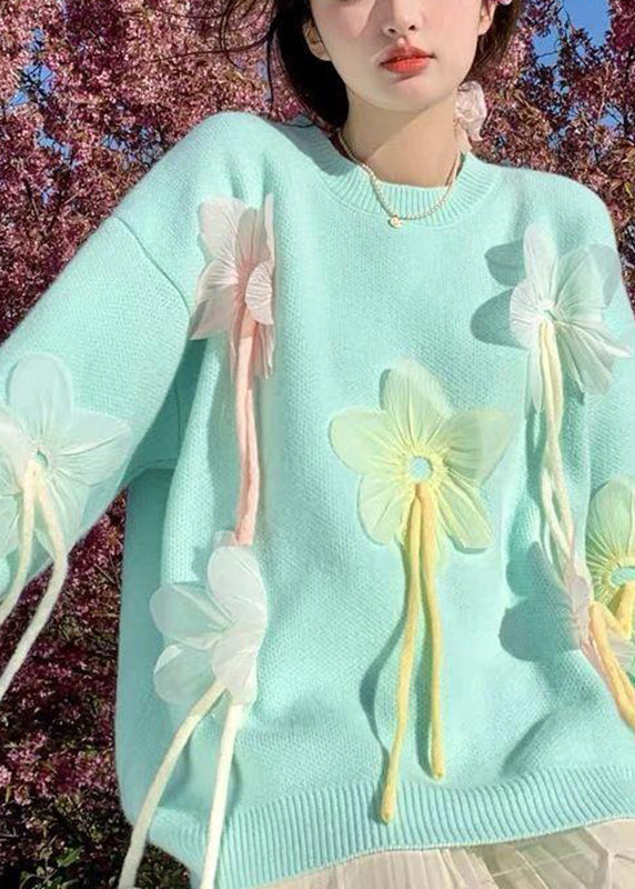 Cute Blue O-Neck Floral Thick Cotton Knit Sweater Spring
