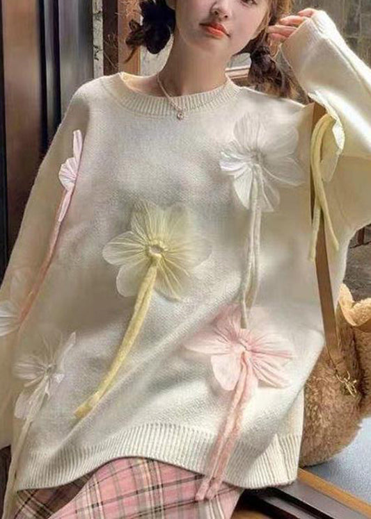 Cute Blue O-Neck Floral Thick Cotton Knit Sweater Spring