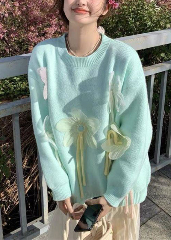 Cute Blue O-Neck Floral Thick Cotton Knit Sweater Spring