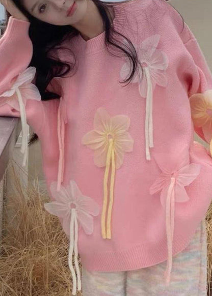 Cute Blue O-Neck Floral Thick Cotton Knit Sweater Spring