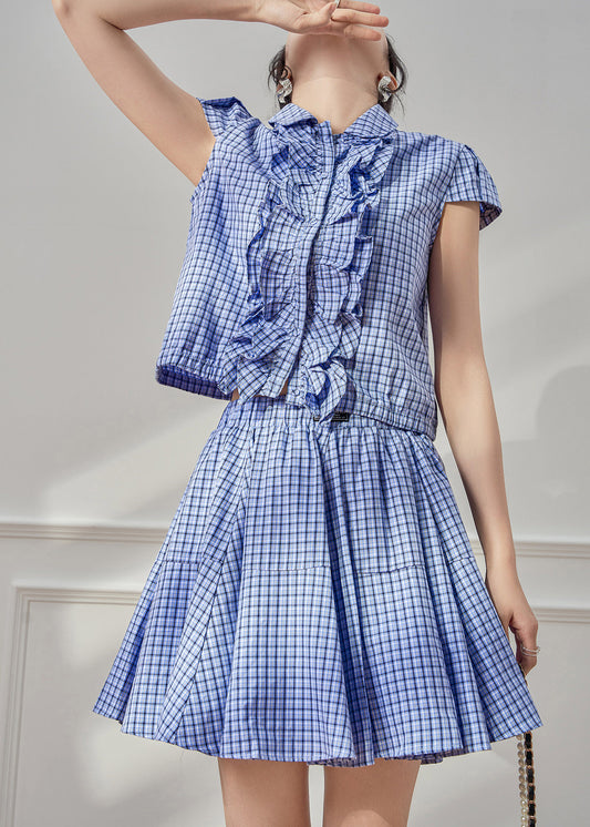 Cute Blue Plaid Peter Pan Collar Shirt And Skirts Two Piece Set Summer