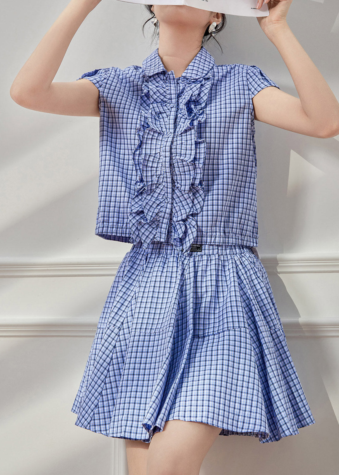 Cute Blue Plaid Peter Pan Collar Shirt And Skirts Two Piece Set Summer