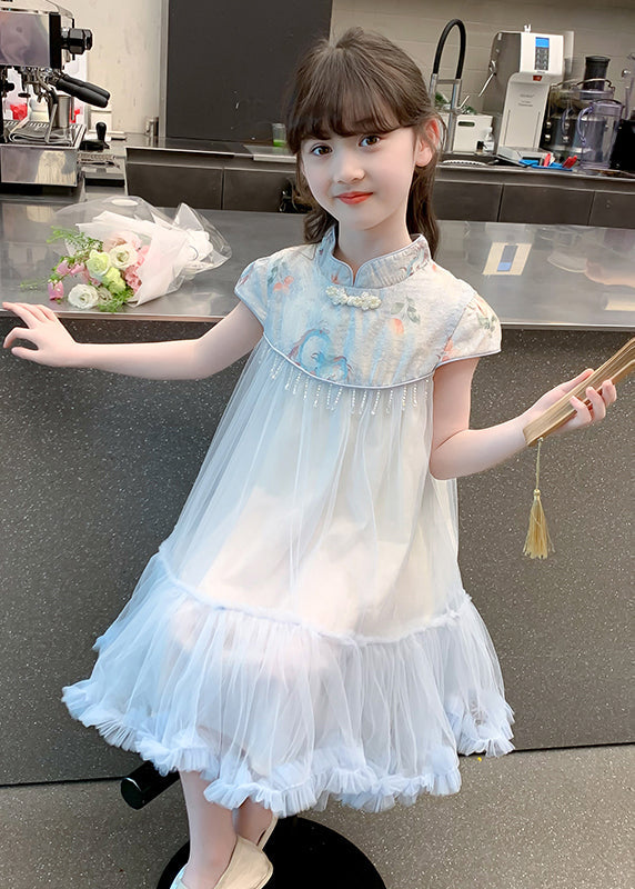 Cute Blue Print Patchwork Tassel Tulle Kids Long Dresses Summer