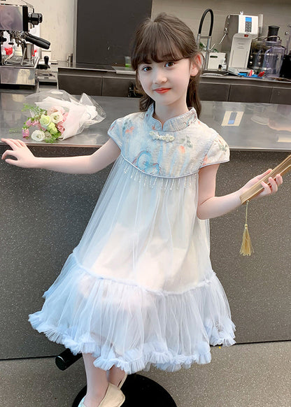 Cute Blue Print Patchwork Tassel Tulle Kids Long Dresses Summer