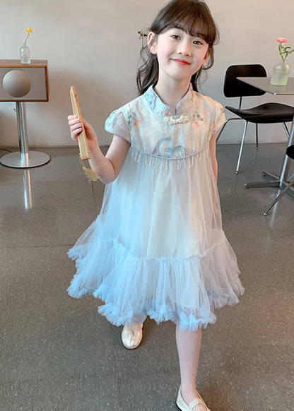 Cute Blue Print Patchwork Tassel Tulle Kids Long Dresses Summer