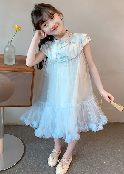 Cute Blue Print Patchwork Tassel Tulle Kids Long Dresses Summer