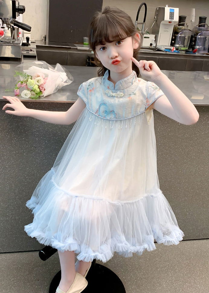 Cute Blue Print Patchwork Tassel Tulle Kids Long Dresses Summer