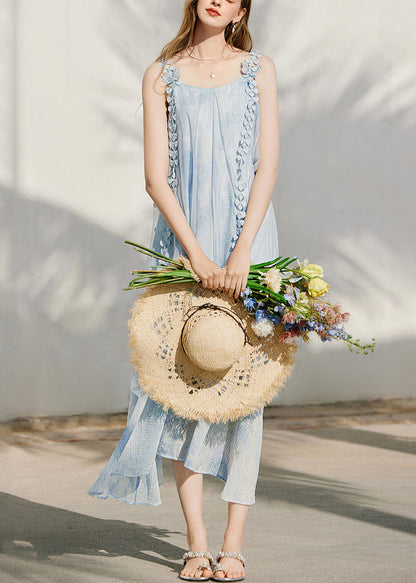 Cute Blue Print Silk Maxi Holiday Spaghetti Strap Dress Sleeveless