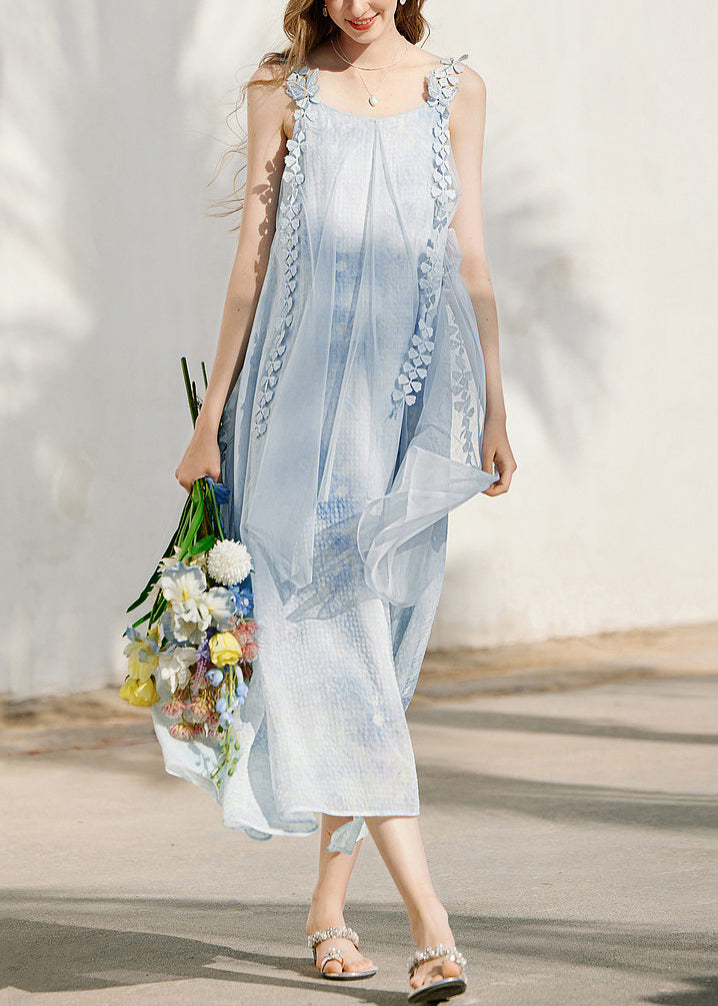 Cute Blue Print Silk Maxi Holiday Spaghetti Strap Dress Sleeveless
