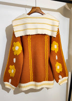 Cute Blue Sailor Collar Jacquard Nail Bead Knitted Sweater Tops Winter