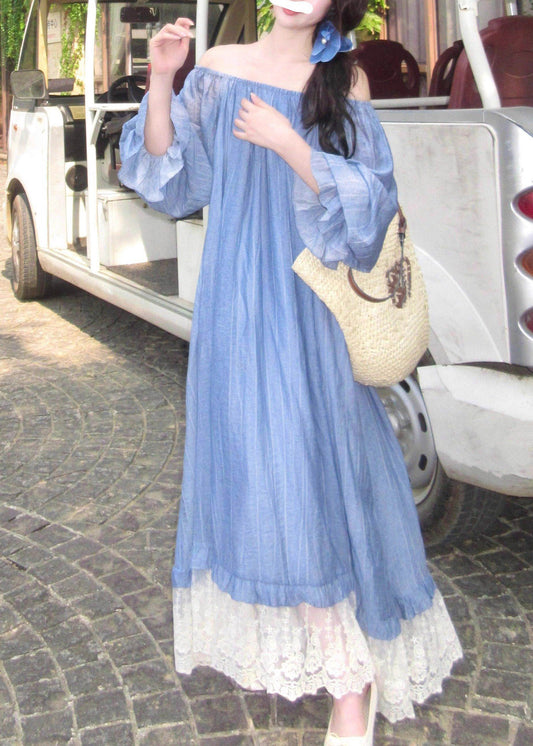 Cute Blue Slash Neck Patchwork Long Dress Fall
