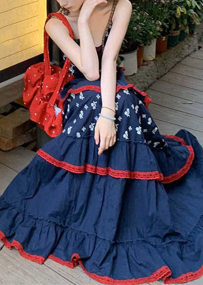 Cute Blue V Neck Print Patchwork Party Long Dress Summer