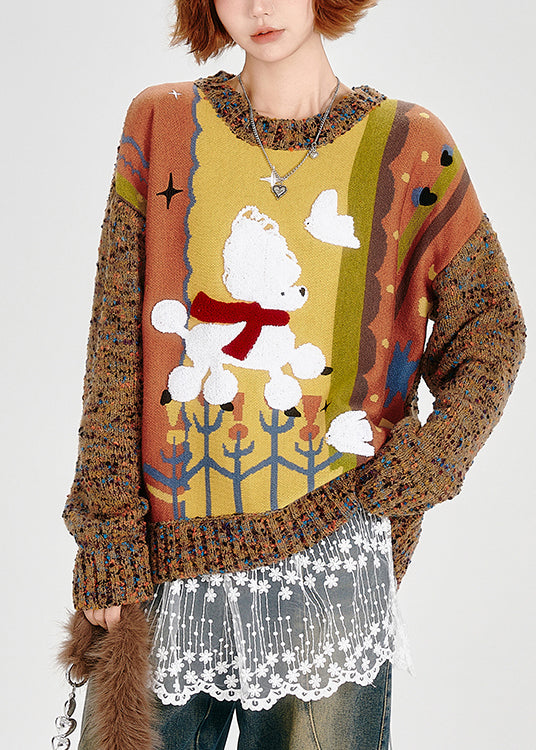 Cute Brown Oversized Patchwork Thick Knit Sweater Winter