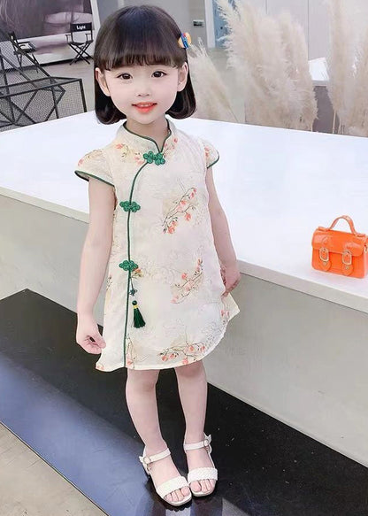 Cute Green Embroideried Tassel Silk Girls Mid Dress Short Sleeve