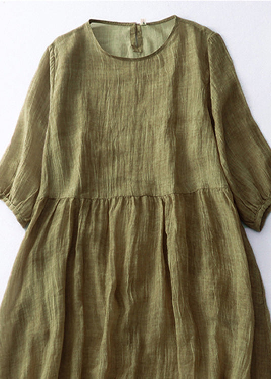 Cute Green O-Neck Patchwork Solid Linen Maxi Dress Short Sleeve