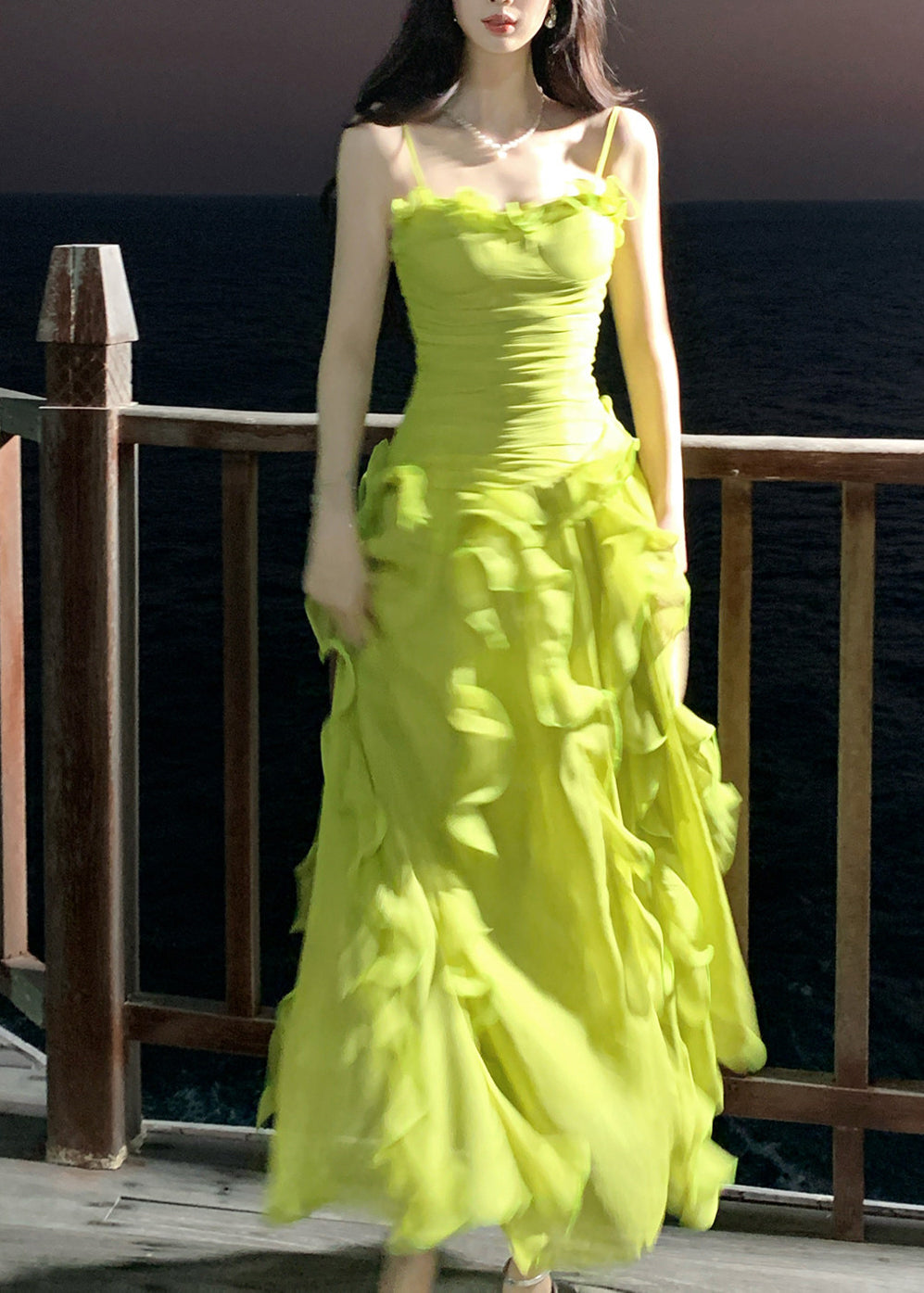 Cute Green Ruffled Patchwork Wrinkled Tulle Long Spaghetti Strap Dresses Sleeveless