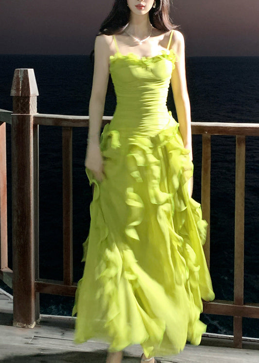 Cute Green Ruffled Patchwork Wrinkled Tulle Long Spaghetti Strap Dresses Sleeveless