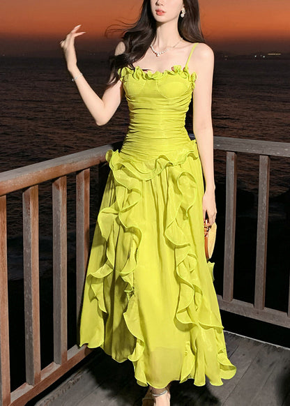 Cute Green Ruffled Patchwork Wrinkled Tulle Long Spaghetti Strap Dresses Sleeveless