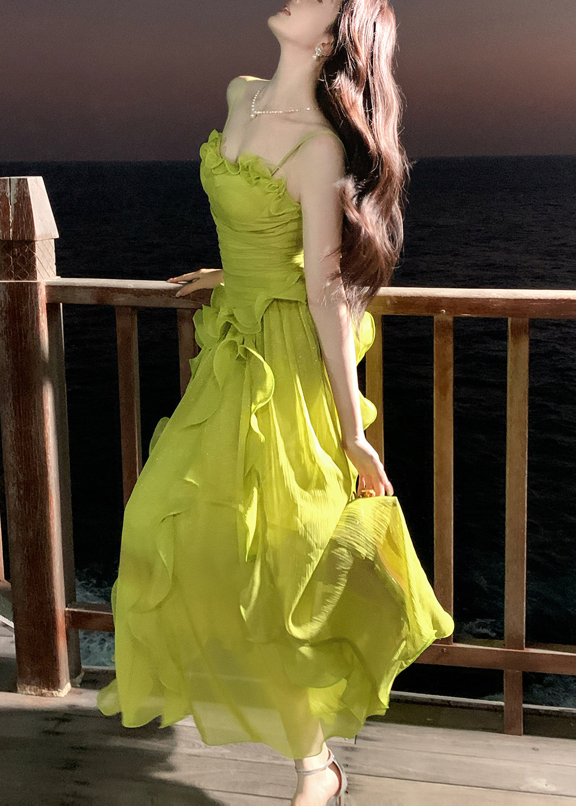 Cute Green Ruffled Patchwork Wrinkled Tulle Long Spaghetti Strap Dresses Sleeveless