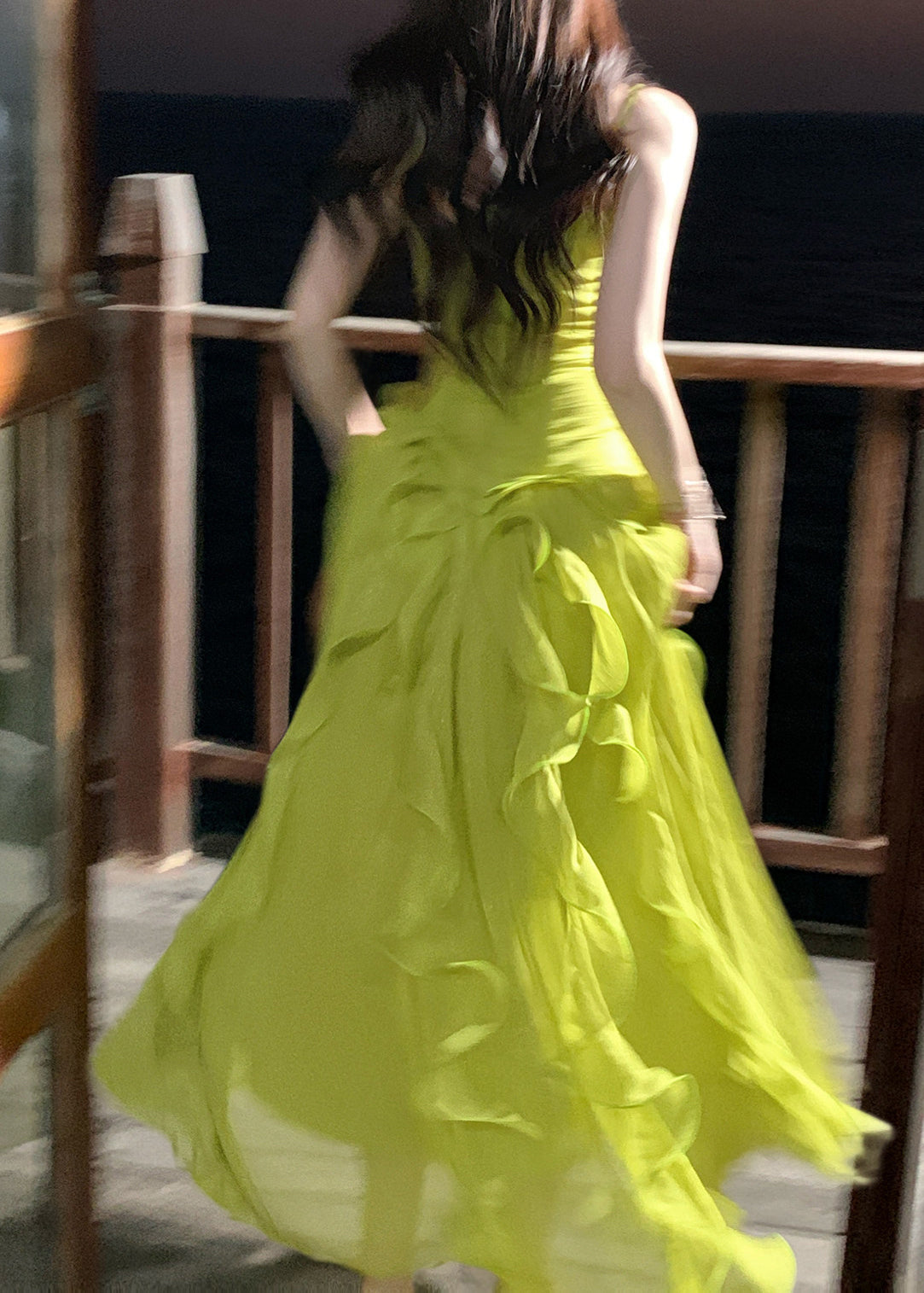 Cute Green Ruffled Patchwork Wrinkled Tulle Long Spaghetti Strap Dresses Sleeveless