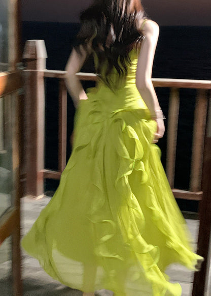 Cute Green Ruffled Patchwork Wrinkled Tulle Long Spaghetti Strap Dresses Sleeveless