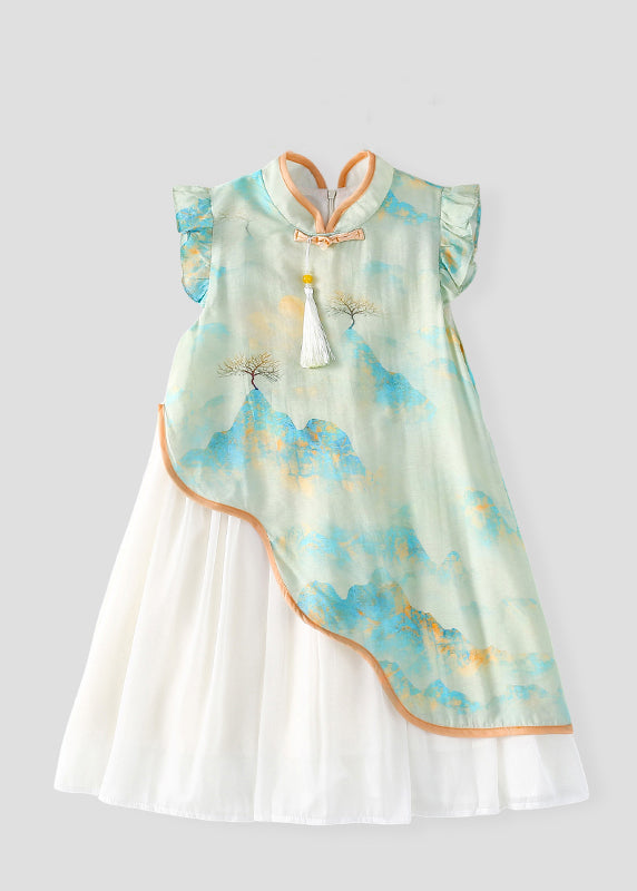 Cute Green Stand Collar Chiffon Patchwork Kids Chiffon Maxi Dress Short Sleeve