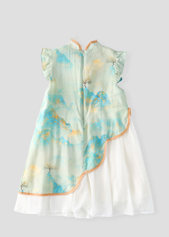 Cute Green Stand Collar Chiffon Patchwork Kids Chiffon Maxi Dress Short Sleeve