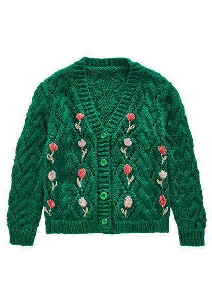Cute Green V Neck Button Patchwork Knit Girls Cardigans Fall