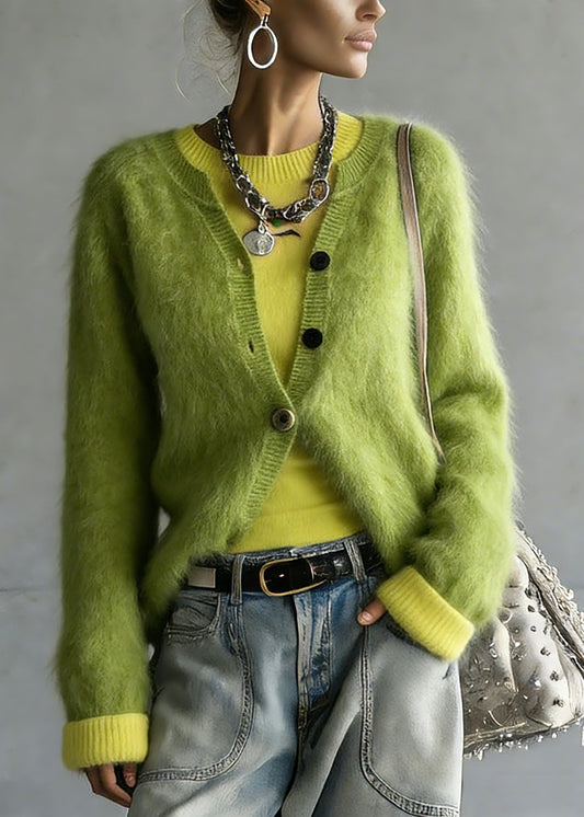 Cute Green V Neck Cotton Knit Cardigan And Top Two Pieces Set Spring