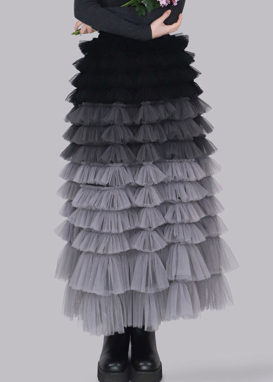 Cute Grey Elastic Waist Tulle Maxi Skirts Fall