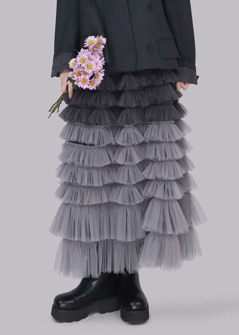 Cute Grey Elastic Waist Tulle Maxi Skirts Fall