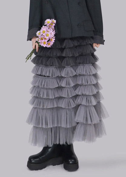 Cute Grey Elastic Waist Tulle Maxi Skirts Fall