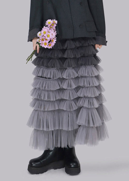Cute Grey Elastic Waist Tulle Maxi Skirts Fall