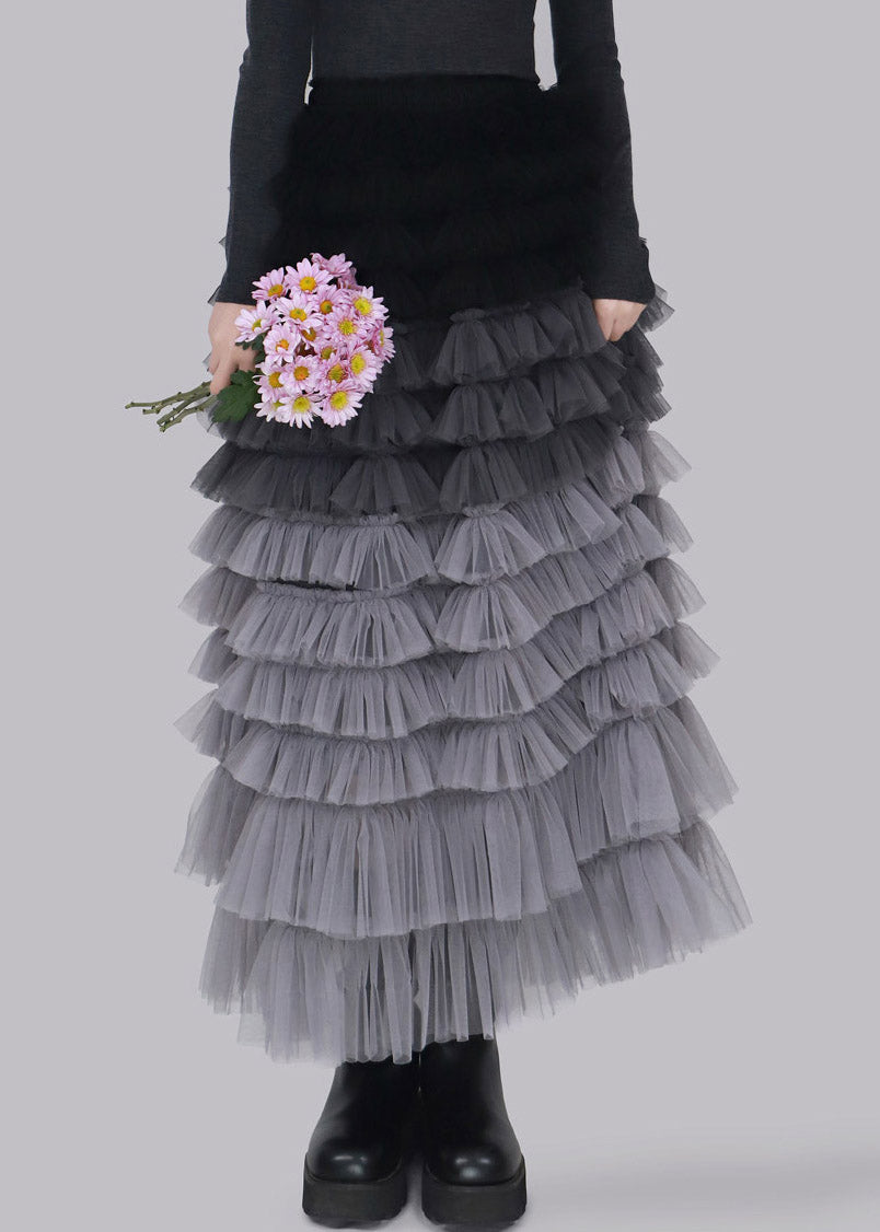 Cute Grey Elastic Waist Tulle Maxi Skirts Fall