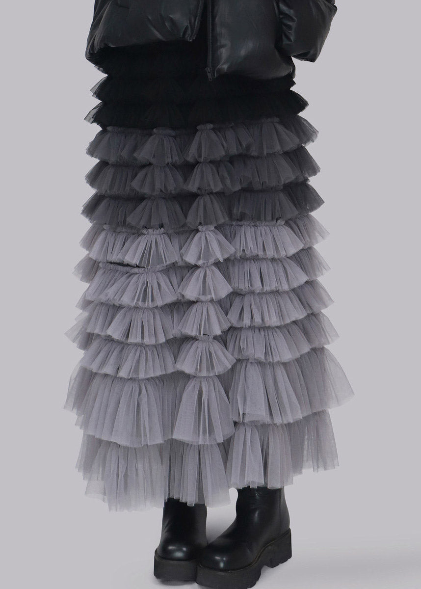Cute Grey Elastic Waist Tulle Maxi Skirts Fall