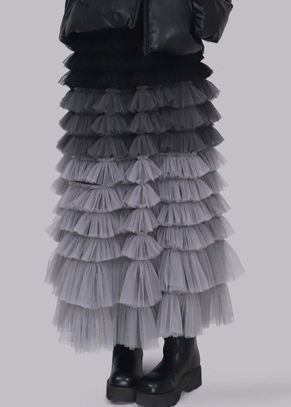 Cute Grey Elastic Waist Tulle Maxi Skirts Fall