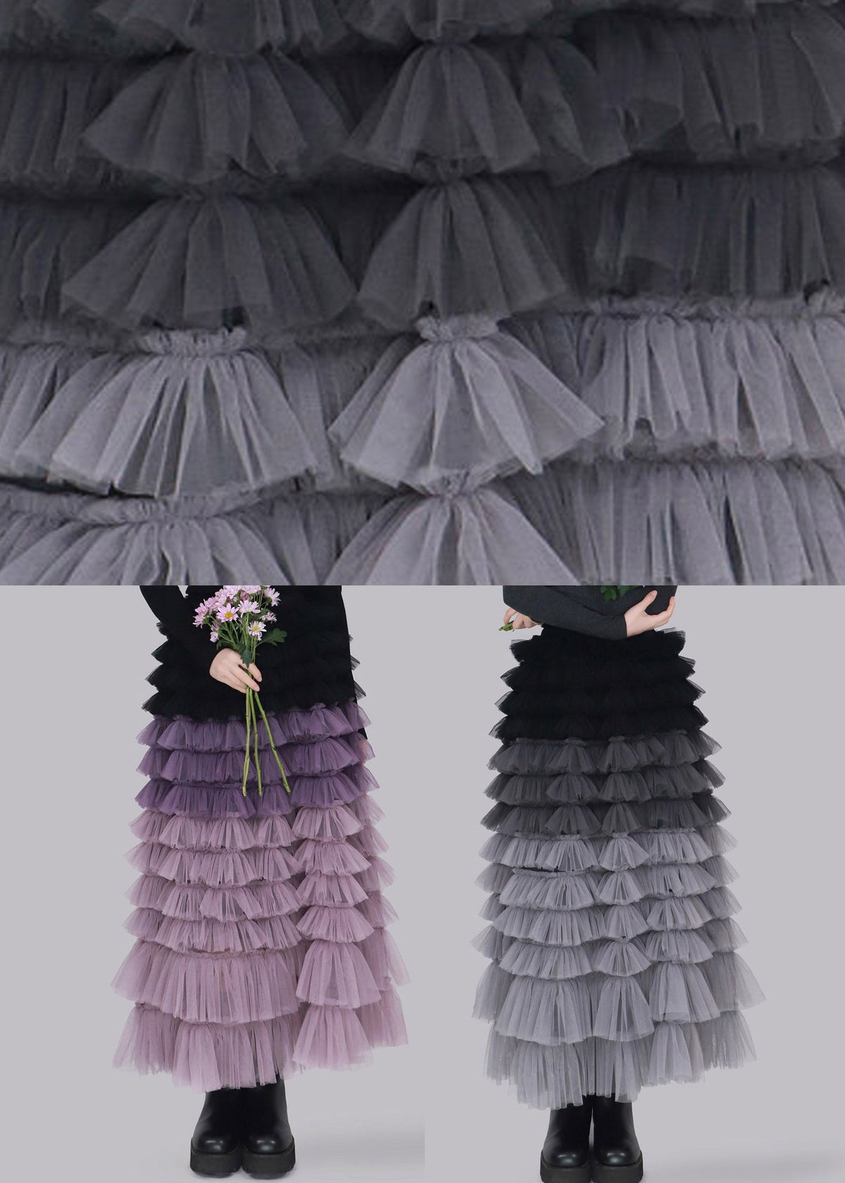 Cute Grey Elastic Waist Tulle Maxi Skirts Fall