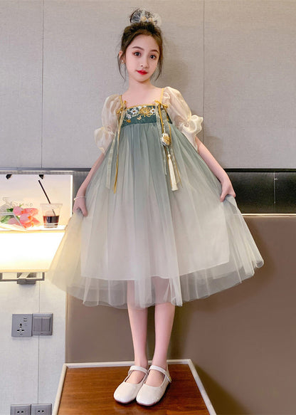 Cute Grey Green Square Collar Embroideried Patchwork Wrinkled Tassel Tulle Kids Girls Maxi Dresses Short Sleeve