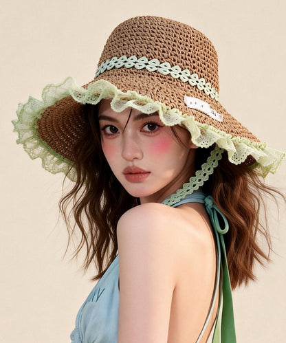 Cute Khaki Lace Strap Hollow Out Straw Woven Vacation Sun Hat