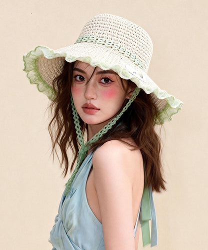 Cute Khaki Lace Strap Hollow Out Straw Woven Vacation Sun Hat