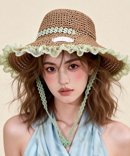 Cute Khaki Lace Strap Hollow Out Straw Woven Vacation Sun Hat